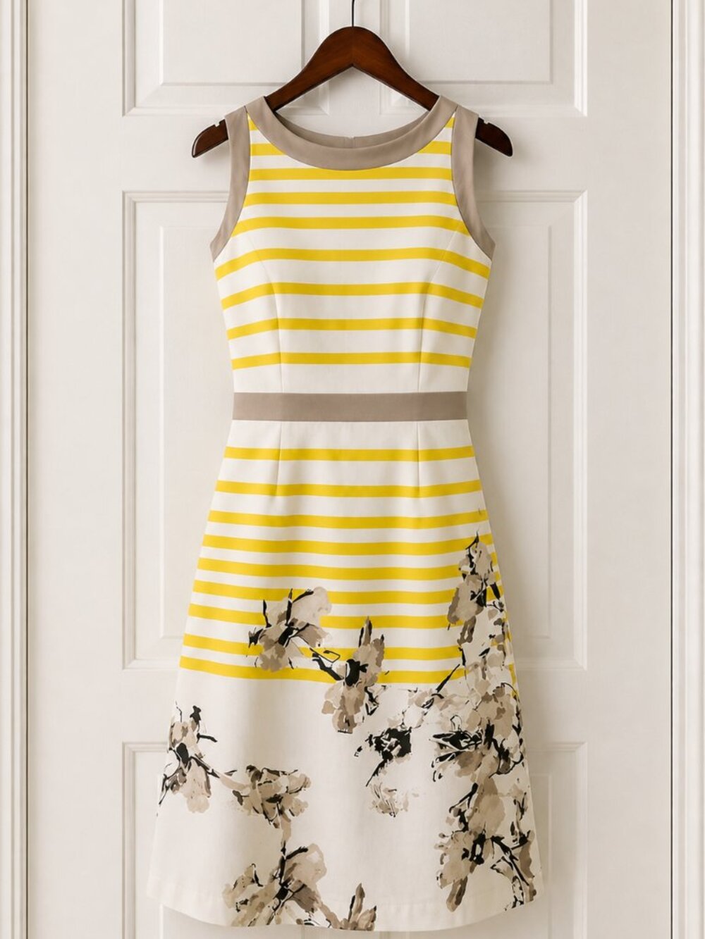 T. Tahari Yellow & White Striped Floral Sheath Dress 6